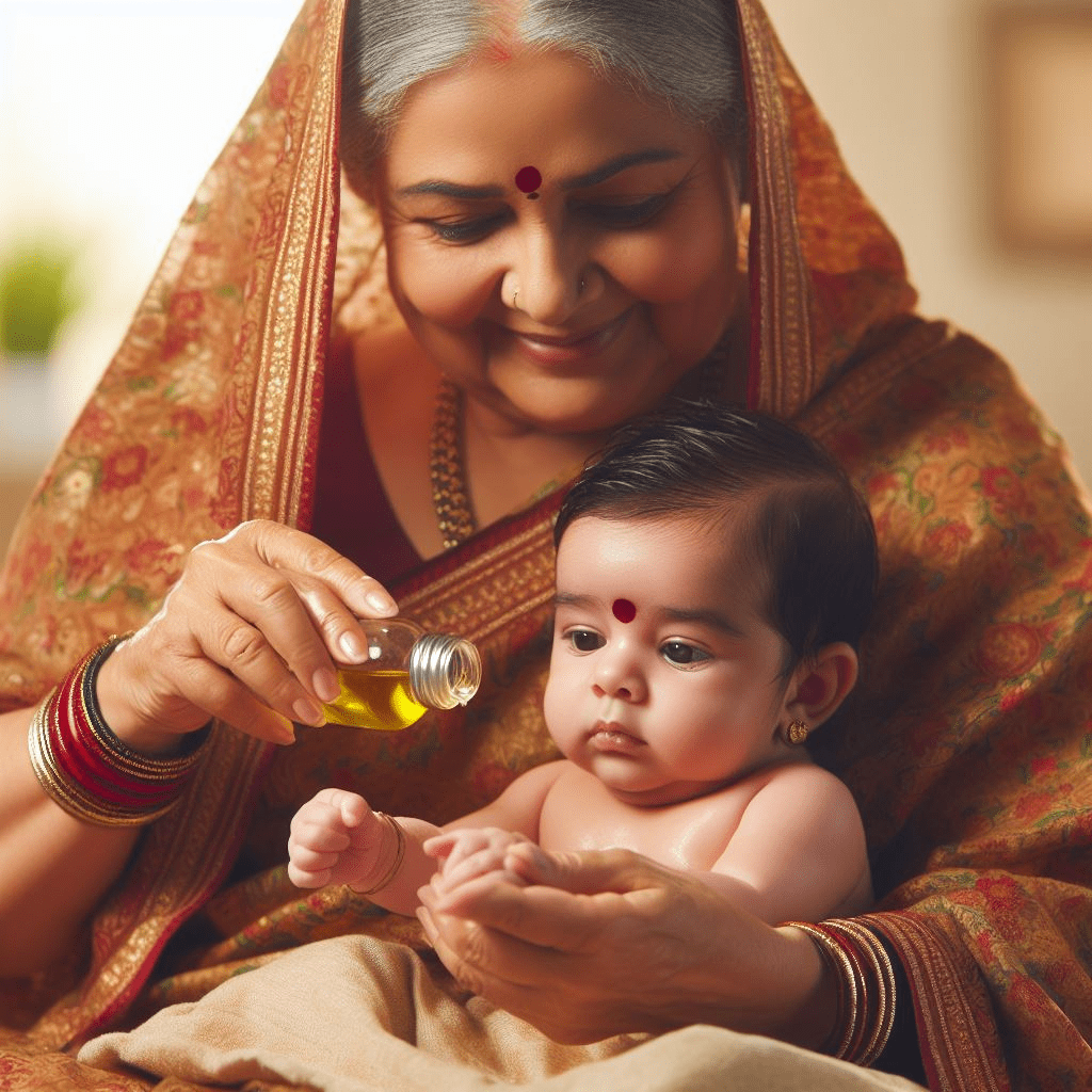 A lady massaging Sweet chemical free cold pressed almond oil to her grand daughter