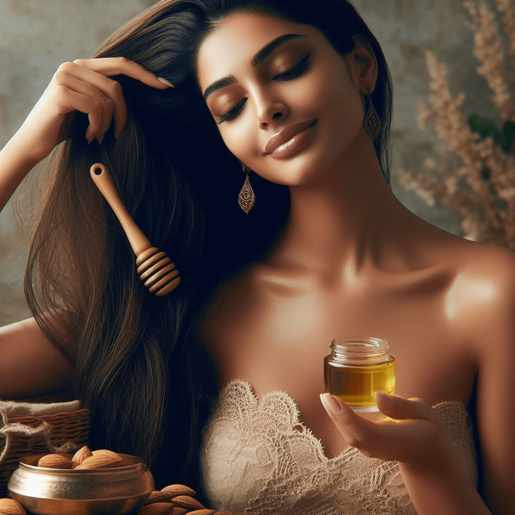 A Indian lady applying SWeet cold pressed Almond oil to her long hair
