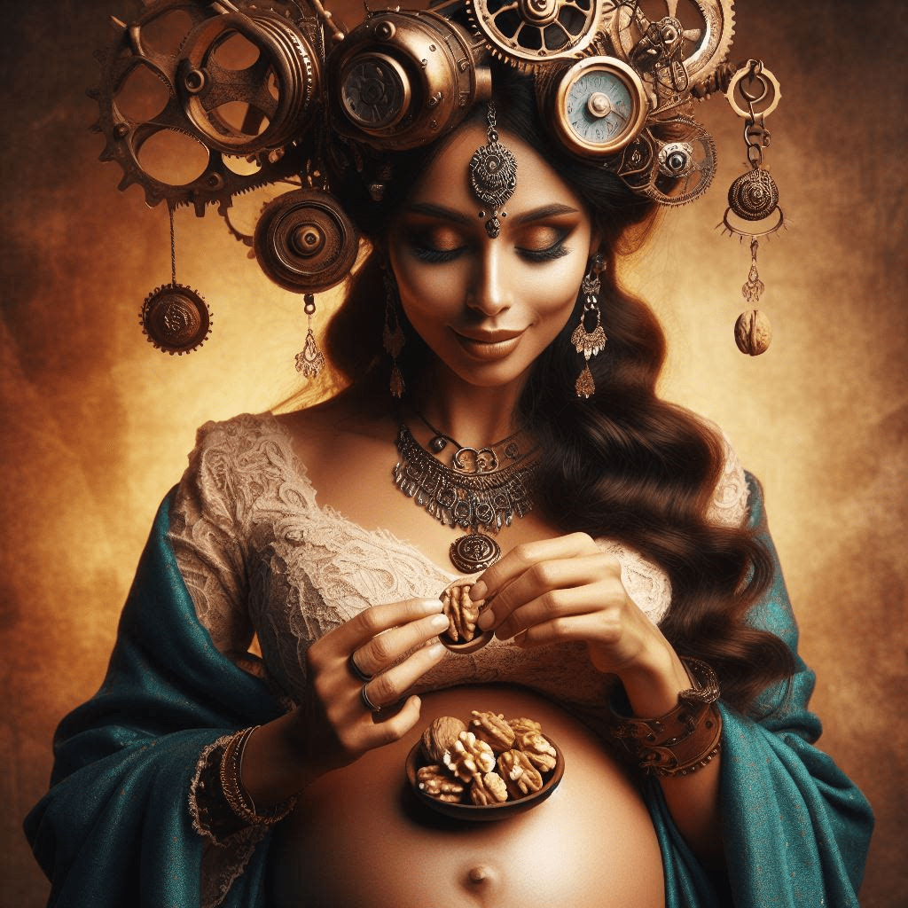 Nourishing Nutrients: An expectant mother enjoys the wholesome goodness of walnuts, rich in essential fats, protein, and vitamins. These brain-shaped wonders provide vital nourishment for both her and her growing baby