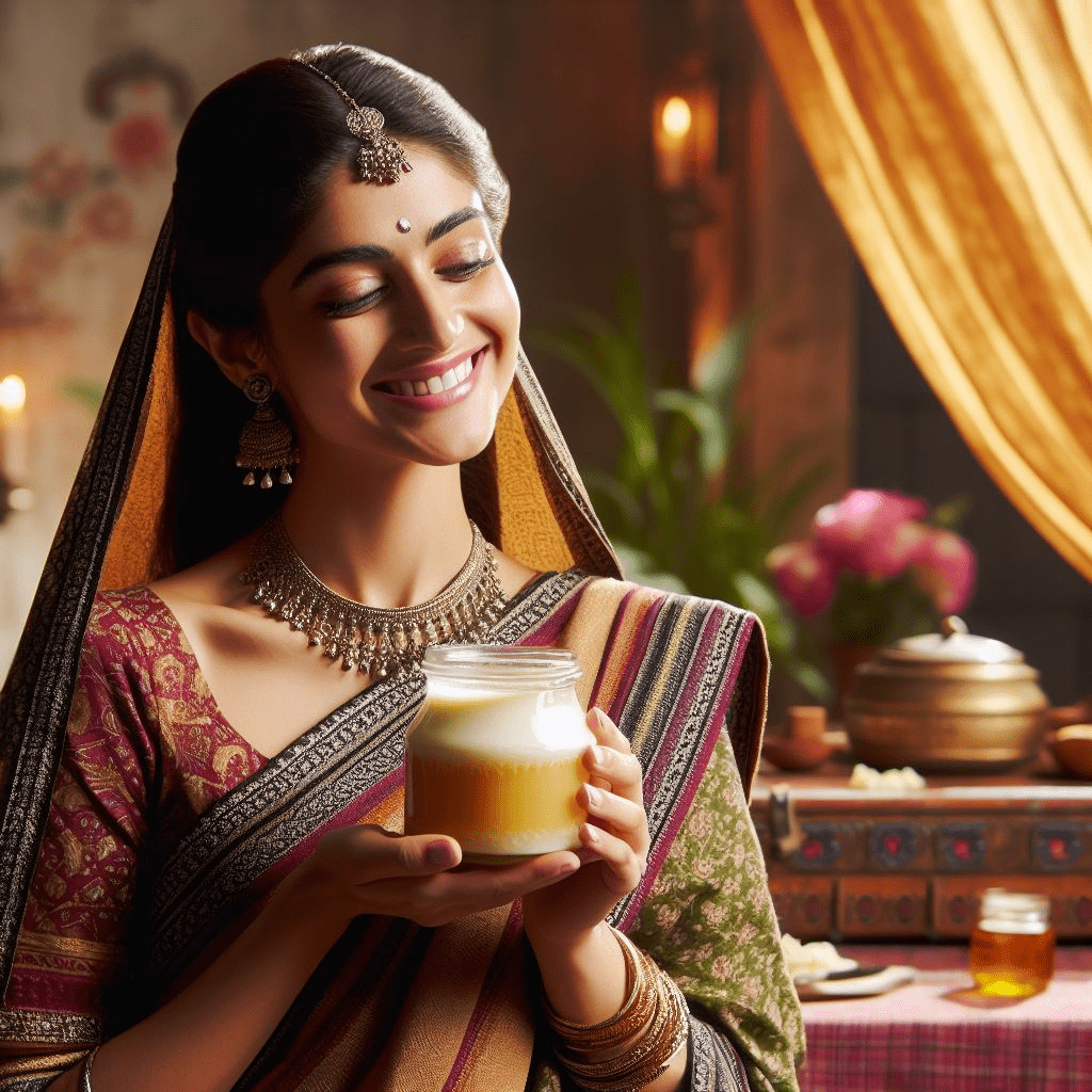 A lady is happy eating ghee in her meal for its tastes and benifita 