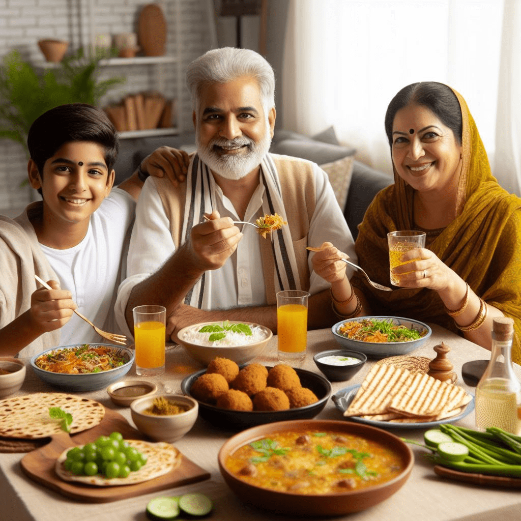 A Indian Family cultivating healthy Lifestyle eating right food 