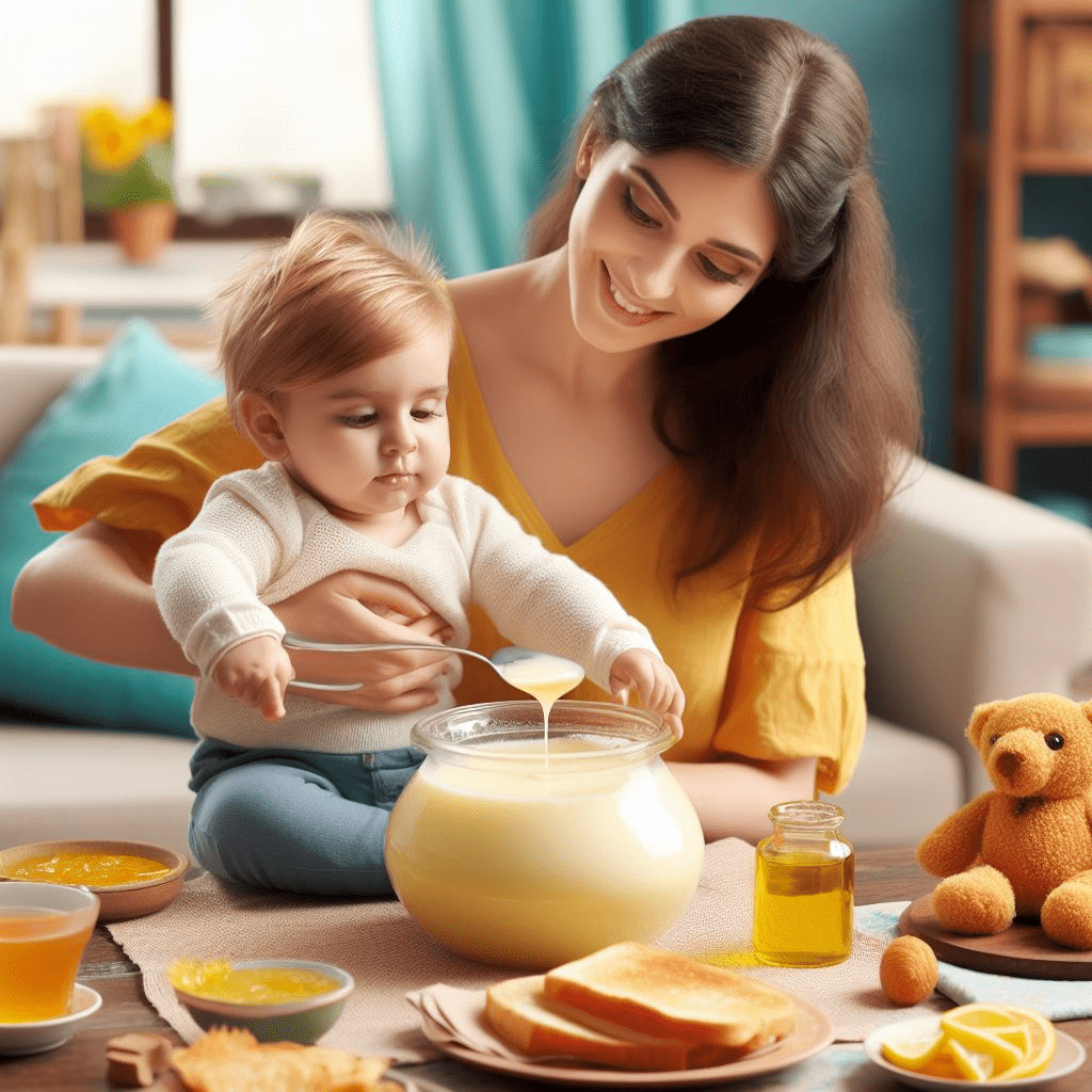 A mother Serving ghee to her child. Practicing healthy Eating 