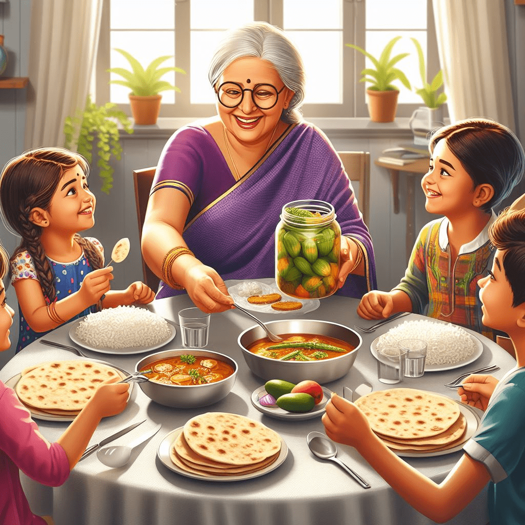 Grandma serving her kids variety of dishes 
