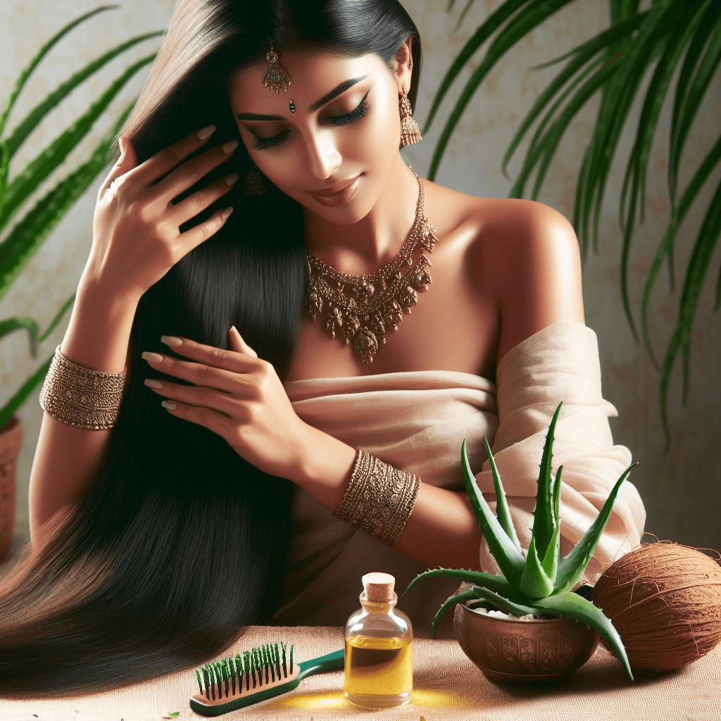 A Indian lady applying Coconut oil to her hair and skin mixed with aloe vera gel