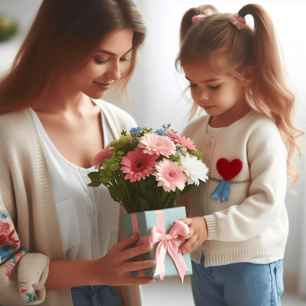 A girl child gifting flowers to her mother