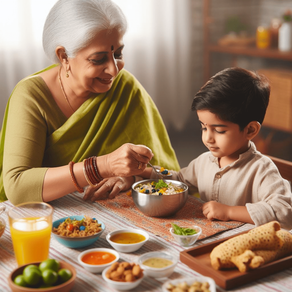 Grand Mother making her grandchild eat delicious food 